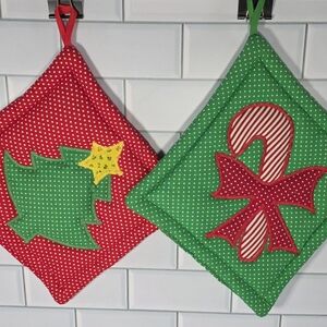 Set of 2 Handmade Christmas Potholders Red and Festive Red and Green Pot Holders